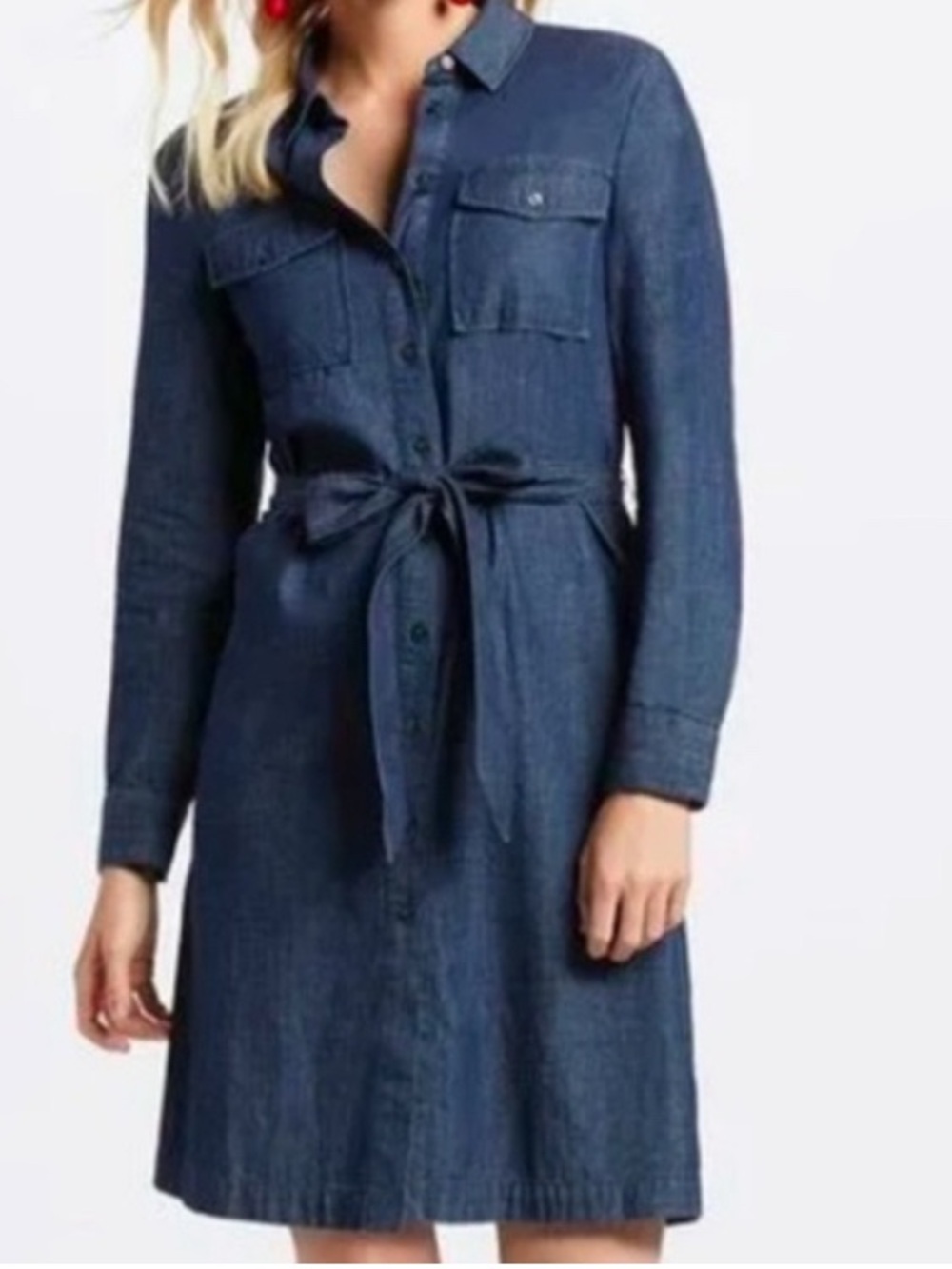 Draper James Dark Blue Denim Shirt Dress with Tie Waist